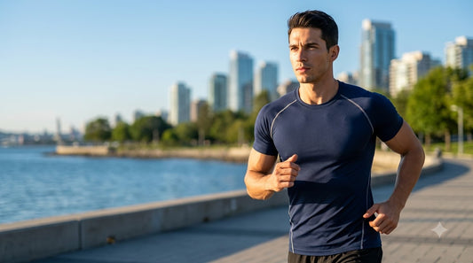 Athletic man running outdoors in a navy quick-dry breathable sports T-shirt
